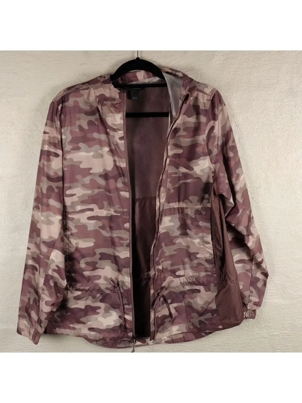 Eddie Bauer Rose Multicolored Camo Long Sleeve Hood Zip Up Light Rain Jacket